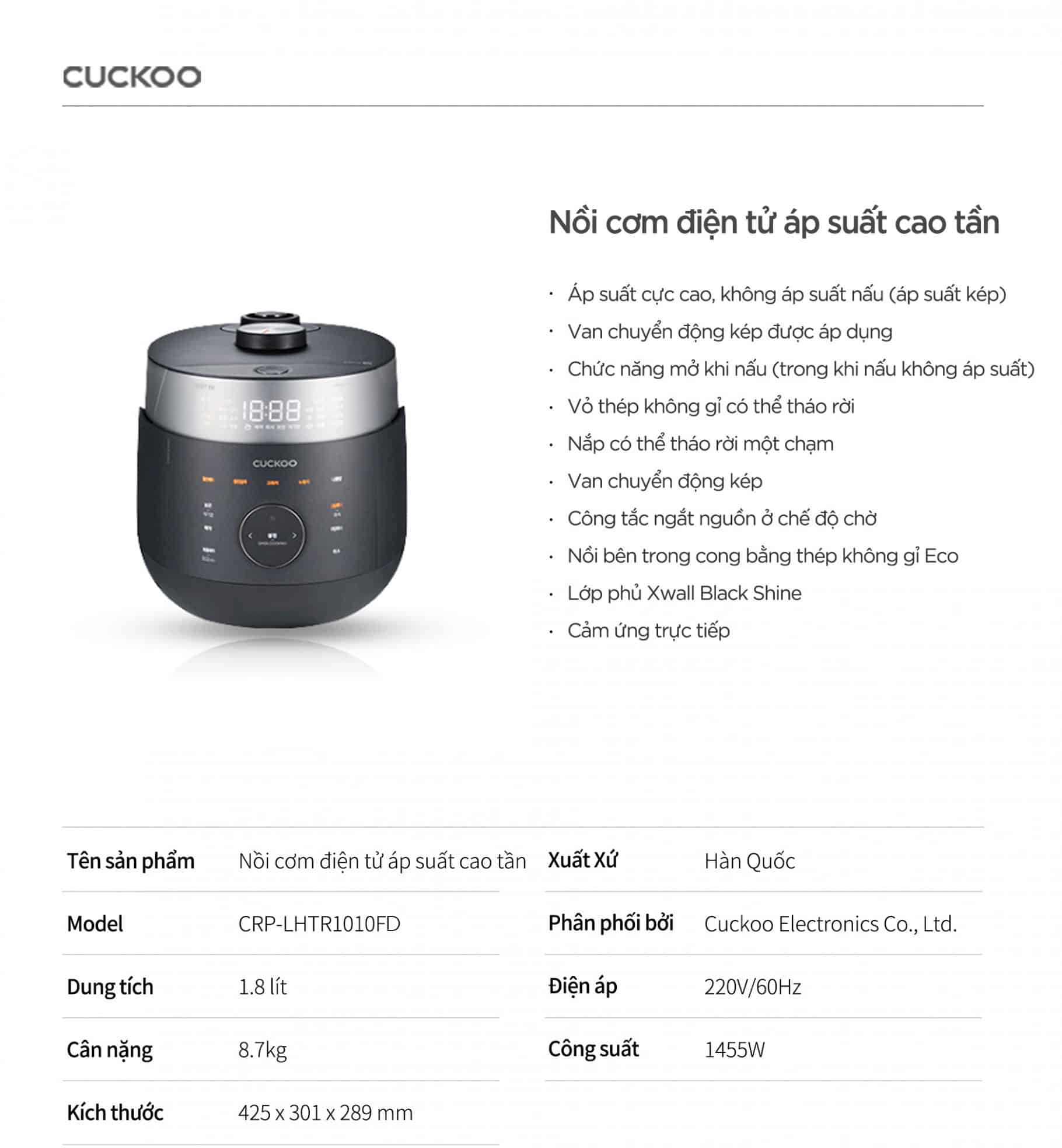 Nồi cơm điện Cao tần áp suất kép Cuckoo CRP-LHTR1010FD